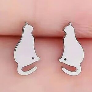 Silver Stainless Steel KITTY CAT Stud Earrings